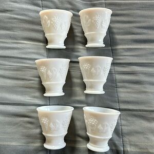 6 Keen Industries White Milk Glass Dish Vase Cup Grapes and Leaf Design 1965
